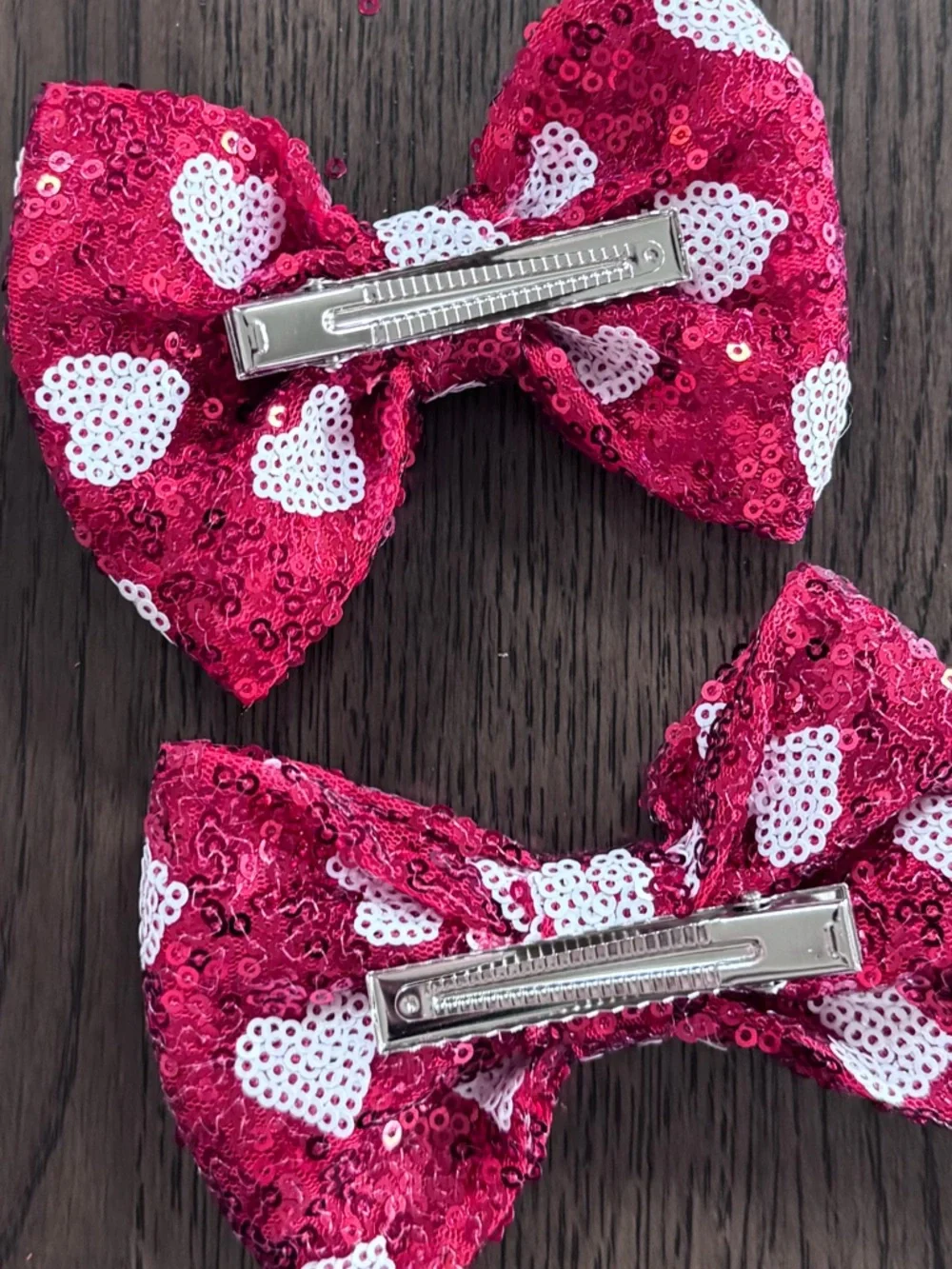 NEW Kids Sequin Heart Hair Bows - Red - Set of 2